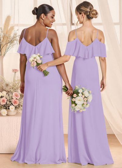 Unique Cold Shoulder High Split A-Line Floor-Length Chiffon Bridesmaid Dresses
