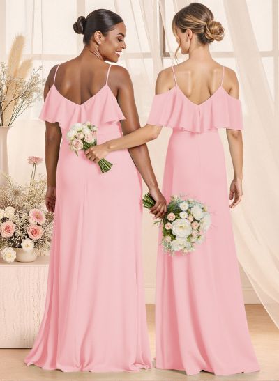 Unique Cold Shoulder High Split A-Line Floor-Length Chiffon Bridesmaid Dresses