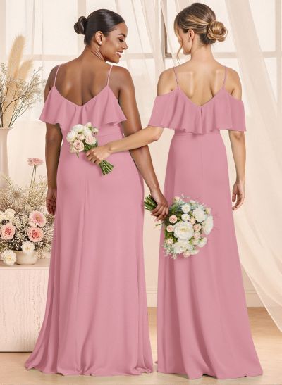 Unique Cold Shoulder High Split A-Line Floor-Length Chiffon Bridesmaid Dresses