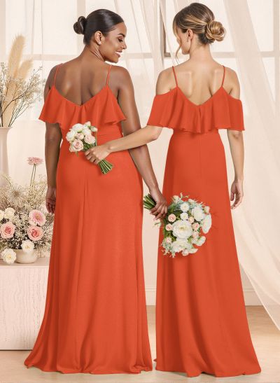 Unique Cold Shoulder High Split A-Line Floor-Length Chiffon Bridesmaid Dresses