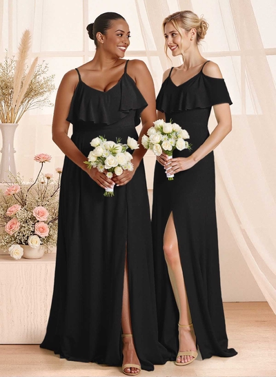Unique Cold Shoulder High Split A-Line Floor-Length Chiffon Bridesmaid Dresses