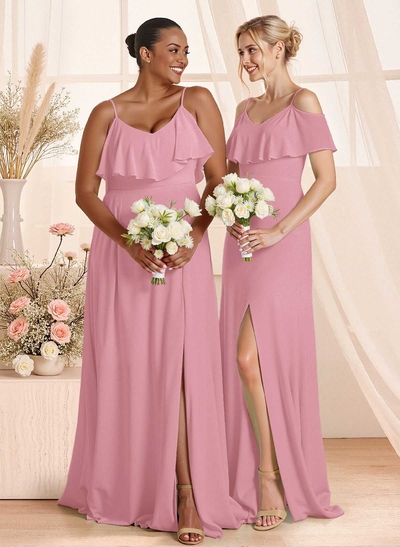 Unique Cold Shoulder High Split A-Line Floor-Length Chiffon Bridesmaid Dresses