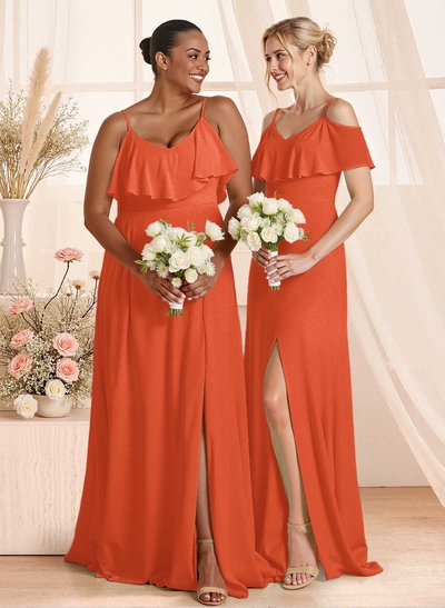 Unique Cold Shoulder High Split A-Line Floor-Length Chiffon Bridesmaid Dresses