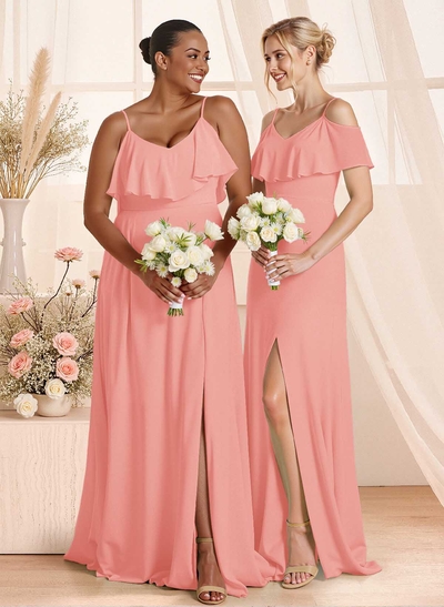 Unique Cold Shoulder High Split A-Line Floor-Length Chiffon Bridesmaid Dresses