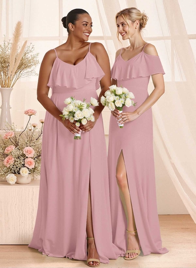 Unique Cold Shoulder High Split A-Line Floor-Length Chiffon Bridesmaid Dresses