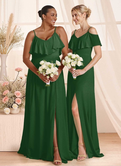 Unique Cold Shoulder High Split A-Line Floor-Length Chiffon Bridesmaid Dresses