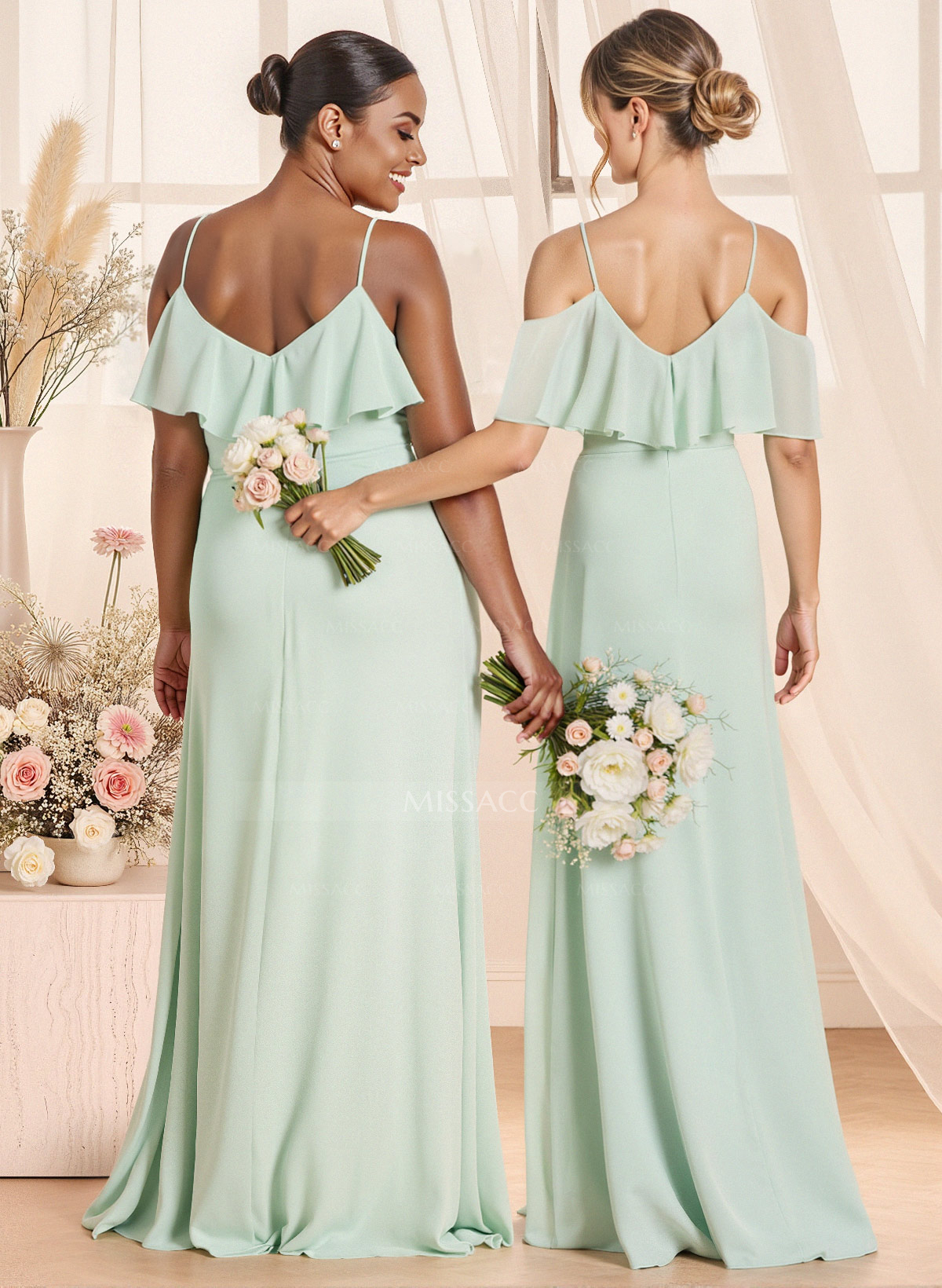 Unique Cold Shoulder High Split A-Line Floor-Length Chiffon Bridesmaid Dresses