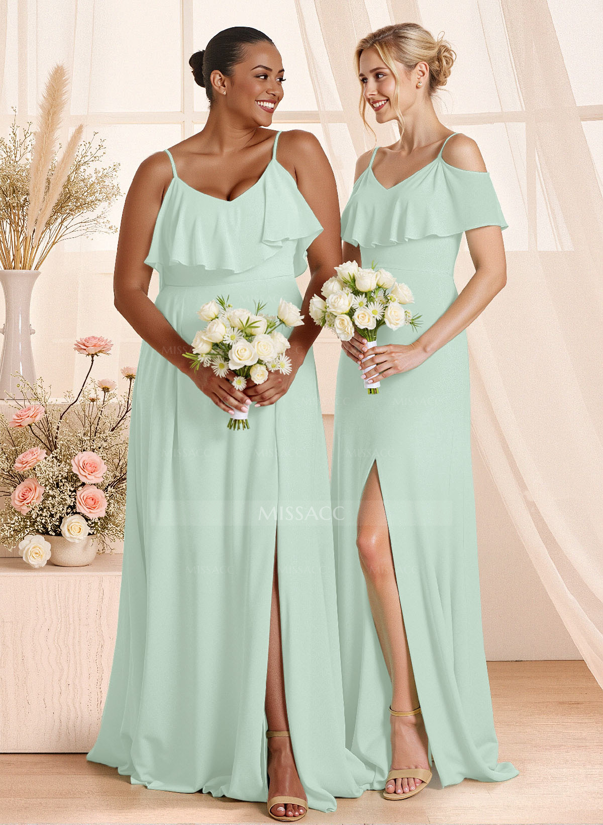 Unique Cold Shoulder High Split A-Line Floor-Length Chiffon Bridesmaid Dresses