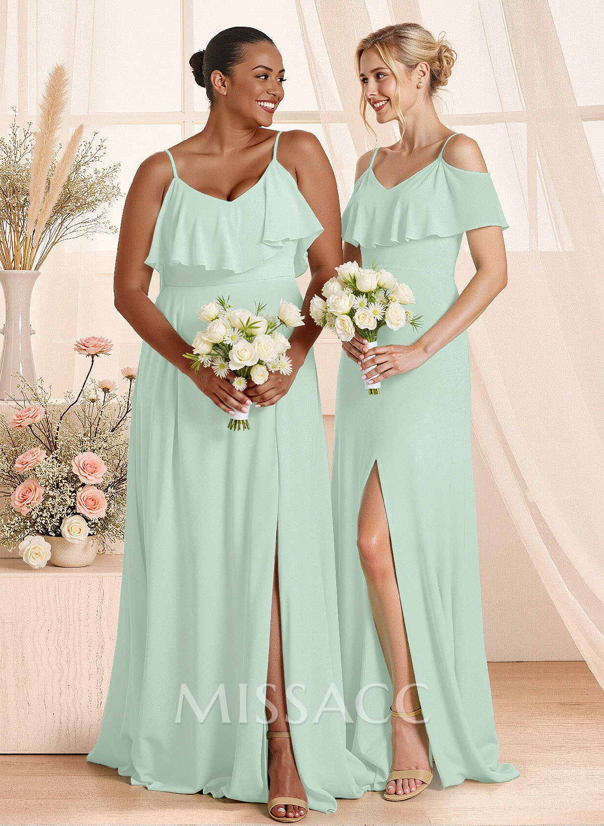 Unique Cold Shoulder High Split A-Line Floor-Length Chiffon Bridesmaid Dresses