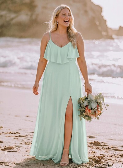Unique Cold Shoulder High Split A-Line Floor-Length Chiffon Bridesmaid Dresses