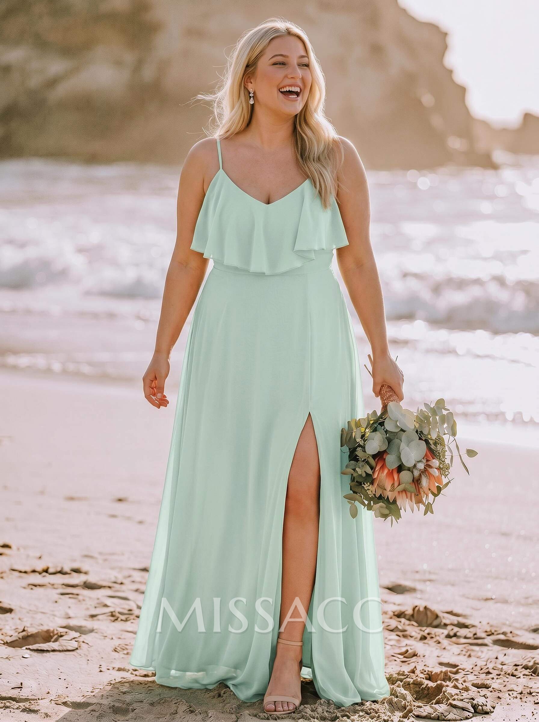Unique Cold Shoulder High Split A-Line Floor-Length Chiffon Bridesmaid Dresses