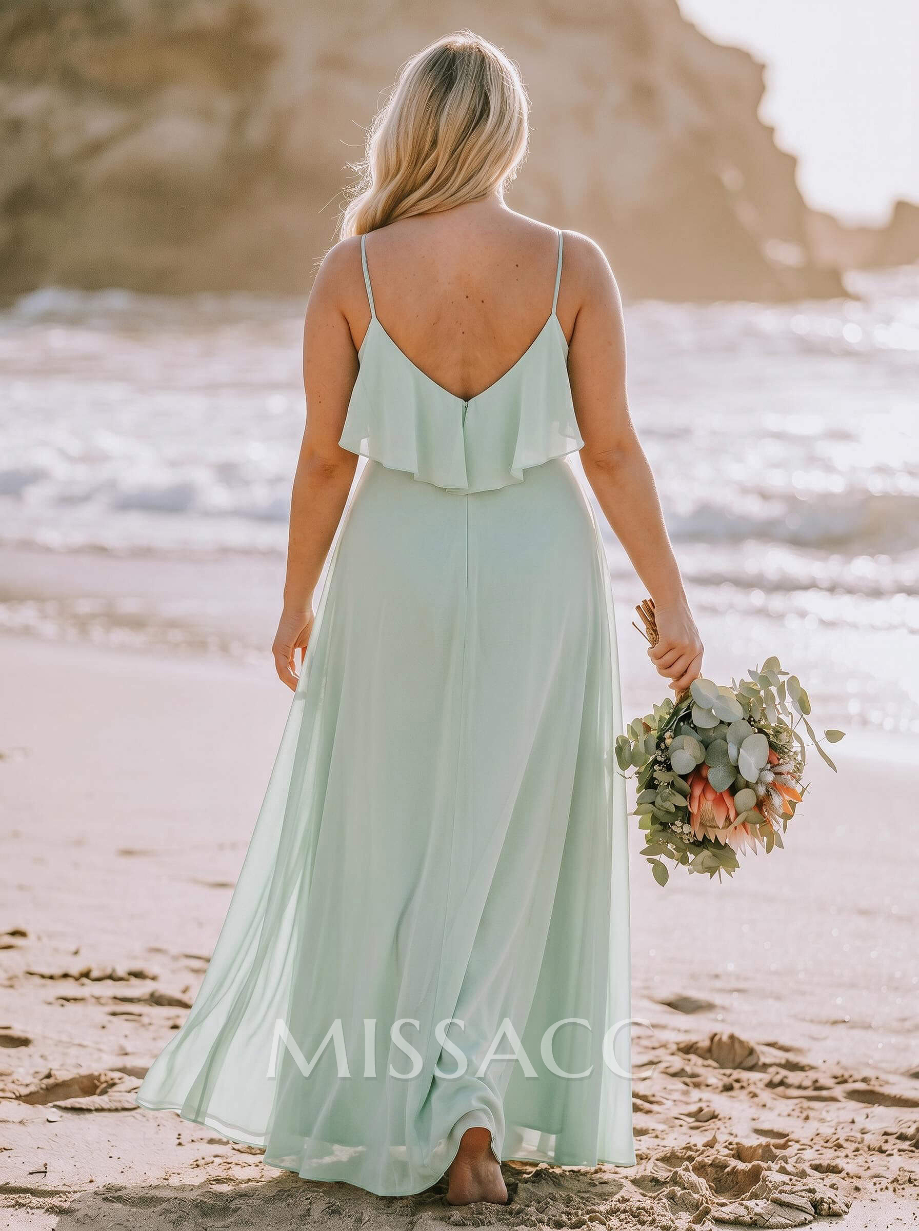 Unique Cold Shoulder High Split A-Line Floor-Length Chiffon Bridesmaid Dresses