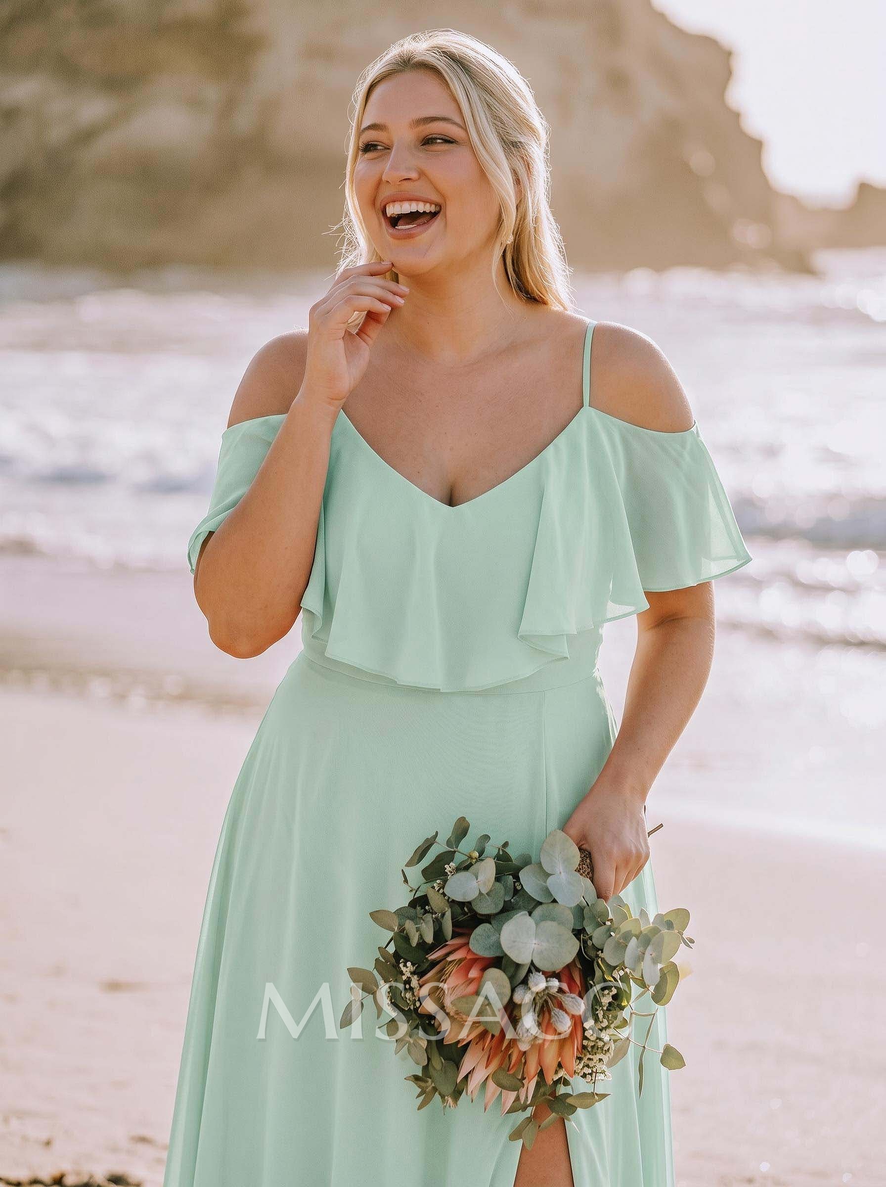 Unique Cold Shoulder High Split A-Line Floor-Length Chiffon Bridesmaid Dresses