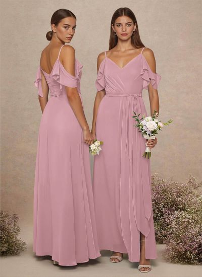 Simple A-Line V-Neck Cold Shoulder Floor-Length Chiffon Bridesmaid