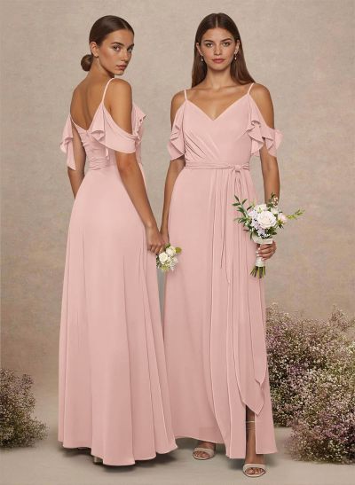 Simple A-Line V-Neck Cold Shoulder Floor-Length Chiffon Bridesmaid