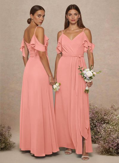 Simple A-Line V-Neck Cold Shoulder Floor-Length Chiffon Bridesmaid
