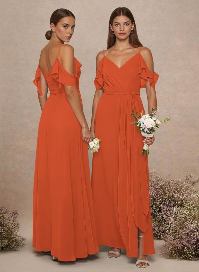 Simple A-Line V-Neck Cold Shoulder Floor-Length Chiffon Bridesmaid