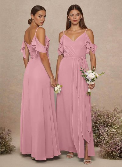 Simple A-Line V-Neck Cold Shoulder Floor-Length Chiffon Bridesmaid