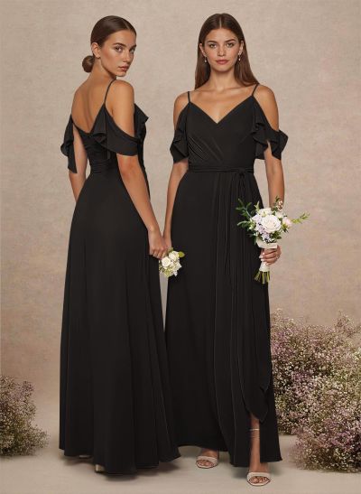 Simple A-Line V-Neck Cold Shoulder Floor-Length Chiffon Bridesmaid