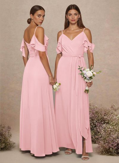 Simple A-Line V-Neck Cold Shoulder Floor-Length Chiffon Bridesmaid