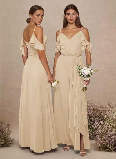 Simple A-Line V-Neck Cold Shoulder Floor-Length Chiffon Bridesmaid