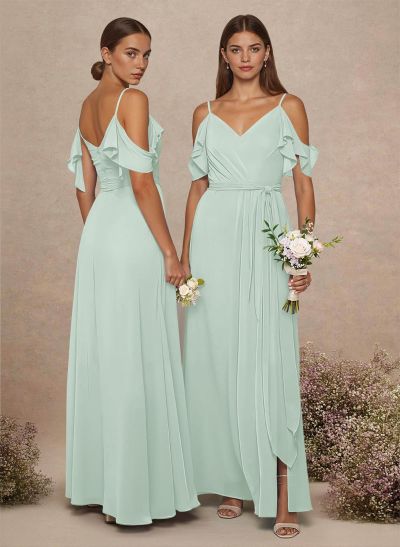 Simple A-Line V-Neck Cold Shoulder Floor-Length Chiffon Bridesmaid