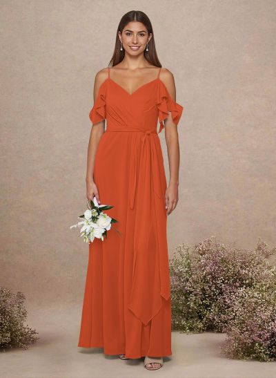 Simple A-Line V-Neck Cold Shoulder Floor-Length Chiffon Bridesmaid