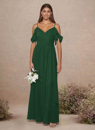 Simple A-Line V-Neck Cold Shoulder Floor-Length Chiffon Bridesmaid