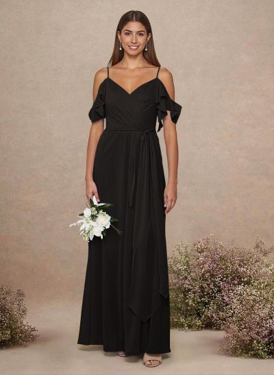 Simple A-Line V-Neck Cold Shoulder Floor-Length Chiffon Bridesmaid