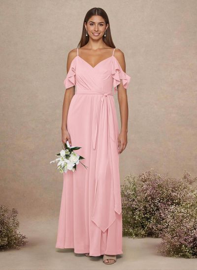 Simple A-Line V-Neck Cold Shoulder Floor-Length Chiffon Bridesmaid