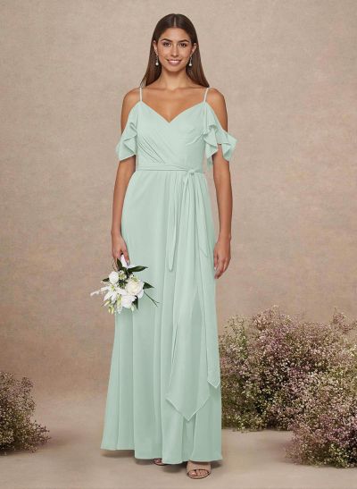 Simple A-Line V-Neck Cold Shoulder Floor-Length Chiffon Bridesmaid
