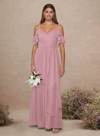 Simple A-Line V-Neck Cold Shoulder Floor-Length Chiffon Bridesmaid