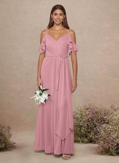 Simple A-Line V-Neck Cold Shoulder Floor-Length Chiffon Bridesmaid