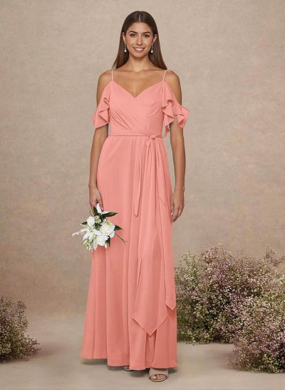 Simple A-Line V-Neck Cold Shoulder Floor-Length Chiffon Bridesmaid