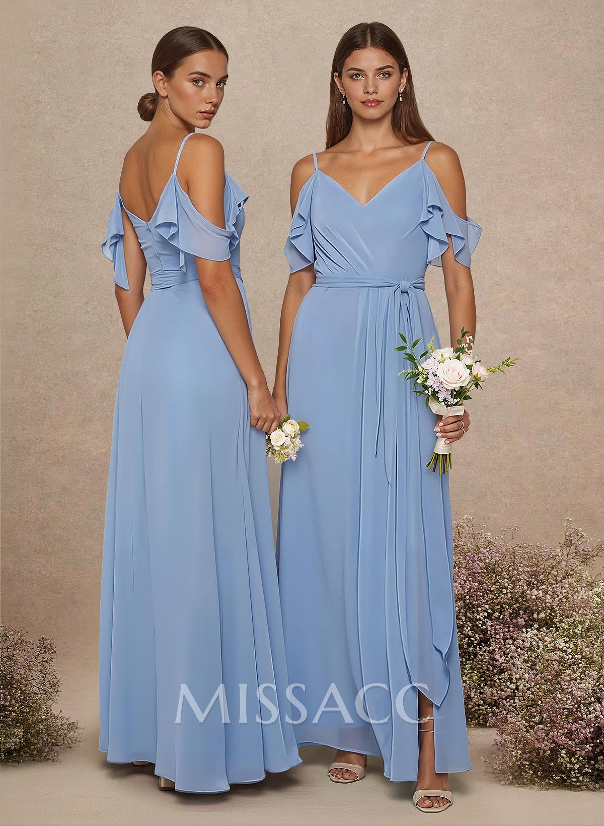 Simple A-Line V-Neck Cold Shoulder Floor-Length Chiffon Bridesmaid Simple A-Line V-Neck Cold Shoulder Floor-Length Chiffon Bridesmaid
