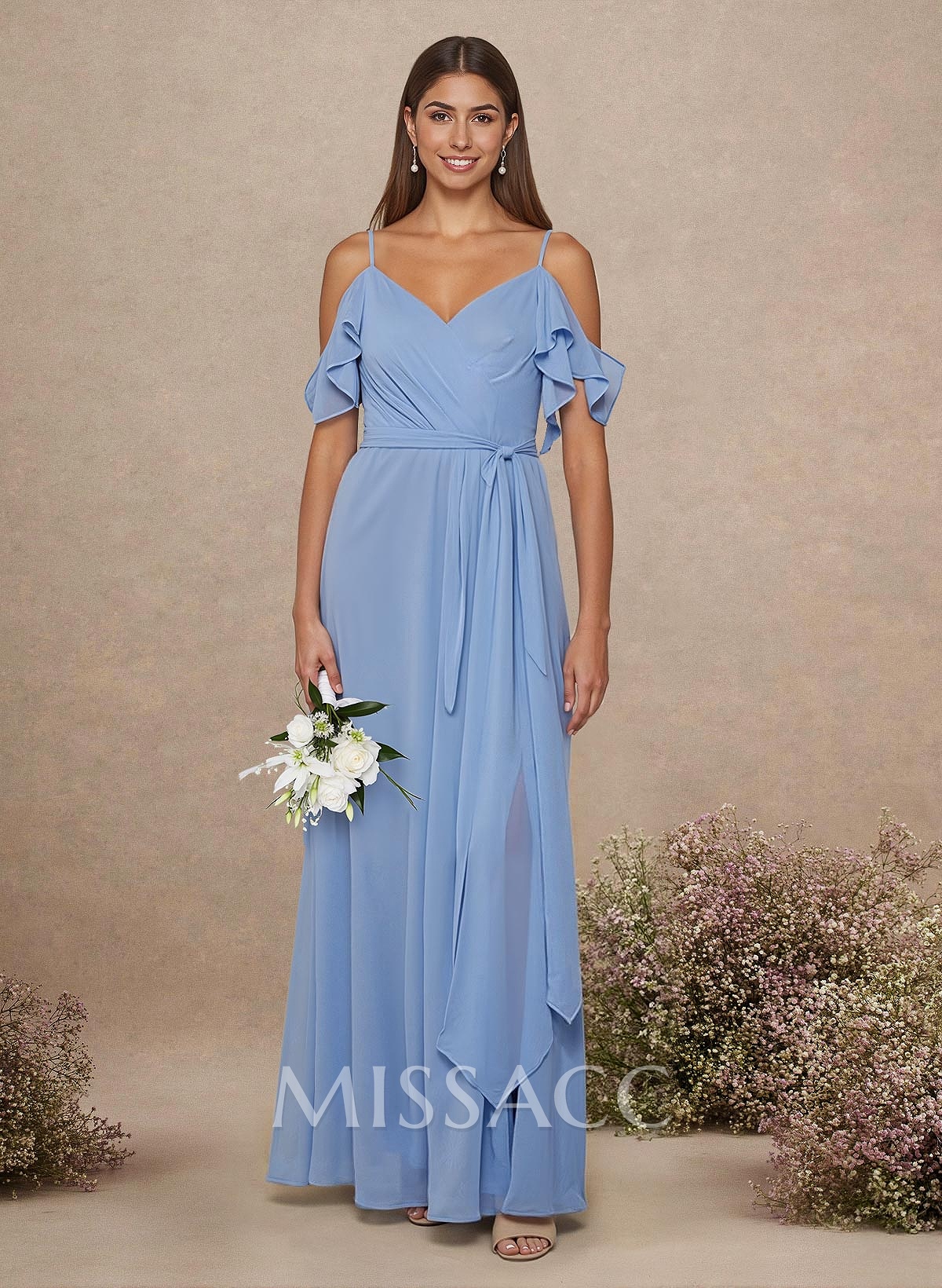 Simple A-Line V-Neck Cold Shoulder Floor-Length Chiffon Bridesmaid Simple A-Line V-Neck Cold Shoulder Floor-Length Chiffon Bridesmaid