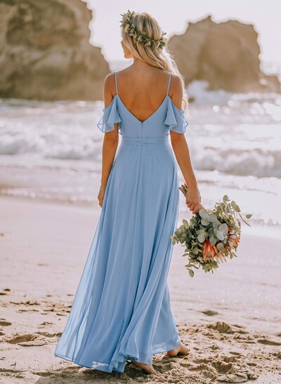 Simple A-Line V-Neck Cold Shoulder Floor-Length Chiffon Bridesmaid