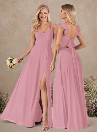 A-Line Sweetheart Floor-Length Chiffon Bridesmaid With Shoulder Ruffle