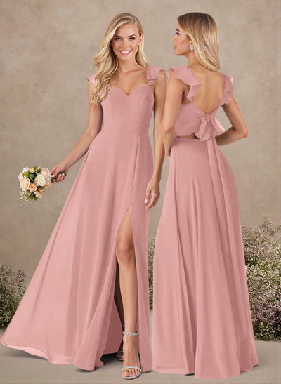 A-Line Sweetheart Floor-Length Chiffon Bridesmaid With Shoulder Ruffle