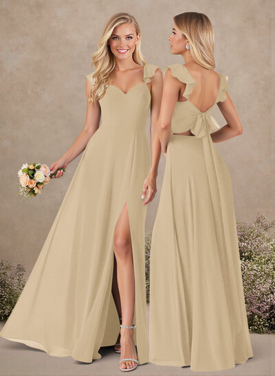 A-Line Sweetheart Floor-Length Chiffon Bridesmaid With Shoulder Ruffle