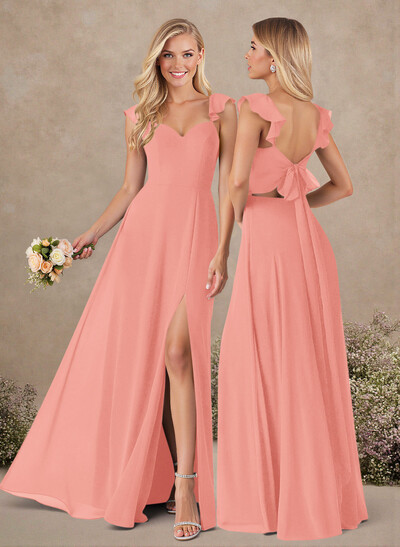 A-Line Sweetheart Floor-Length Chiffon Bridesmaid With Shoulder Ruffle