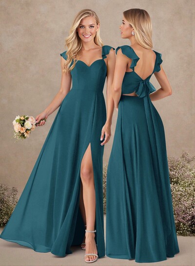 A-Line Sweetheart Floor-Length Chiffon Bridesmaid With Shoulder Ruffle