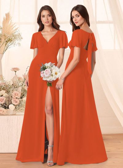 Classic V-Neck Short Sleeves Bow(s) A-Line Floor-Length Chiffon Bridesmaid Dresses With High Split