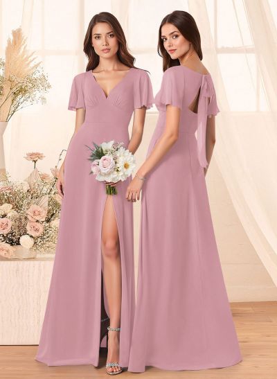 Classic V-Neck Short Sleeves Bow(s) A-Line Floor-Length Chiffon Bridesmaid Dresses With High Split