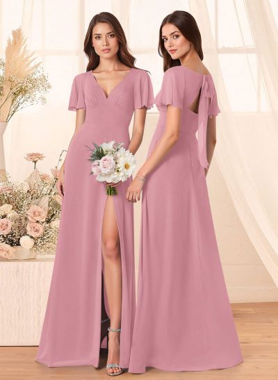 Classic V-Neck Short Sleeves Bow(s) A-Line Floor-Length Chiffon Bridesmaid Dresses With High Split