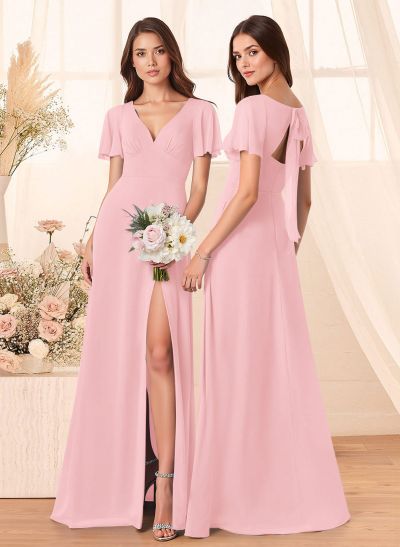 Classic V-Neck Short Sleeves Bow(s) A-Line Floor-Length Chiffon Bridesmaid Dresses With High Split