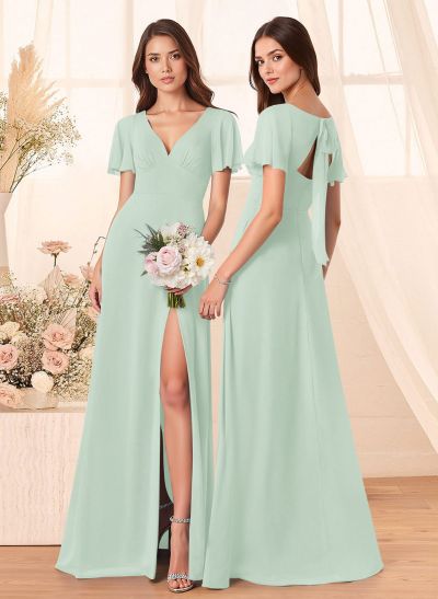 Classic V-Neck Short Sleeves Bow(s) A-Line Floor-Length Chiffon Bridesmaid Dresses With High Split
