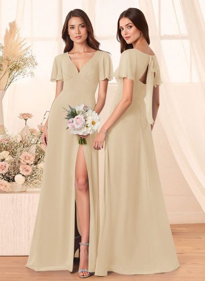 Classic V-Neck Short Sleeves Bow(s) A-Line Floor-Length Chiffon Bridesmaid Dresses With High Split