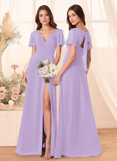 Classic V-Neck Short Sleeves Bow(s) A-Line Floor-Length Chiffon Bridesmaid Dresses With High Split