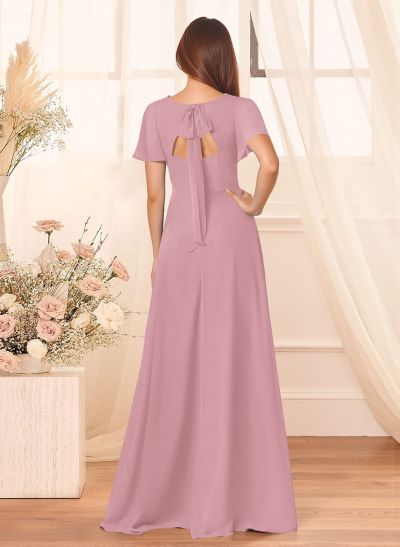 Classic V-Neck Short Sleeves Bow(s) A-Line Floor-Length Chiffon Bridesmaid Dresses With High Split